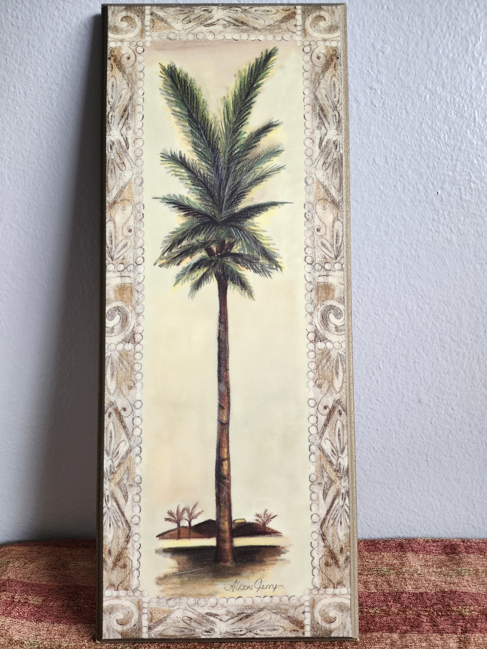 Vintage Framed Palm Tree Wall Plaque Art Tropical Coastal Decor Signed Terry 20"